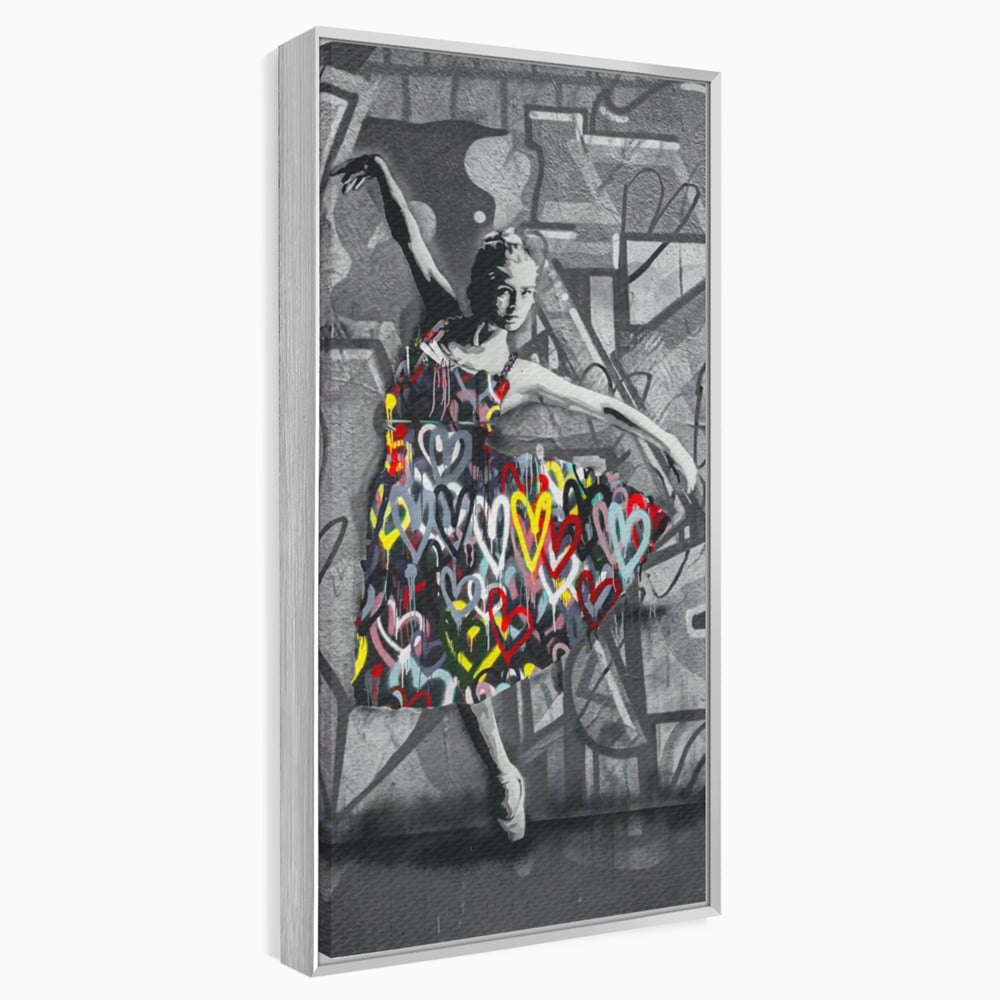 Tablou canvas cu tablou canvas cu balerina stilizata, in rama de aluminiu argintiu